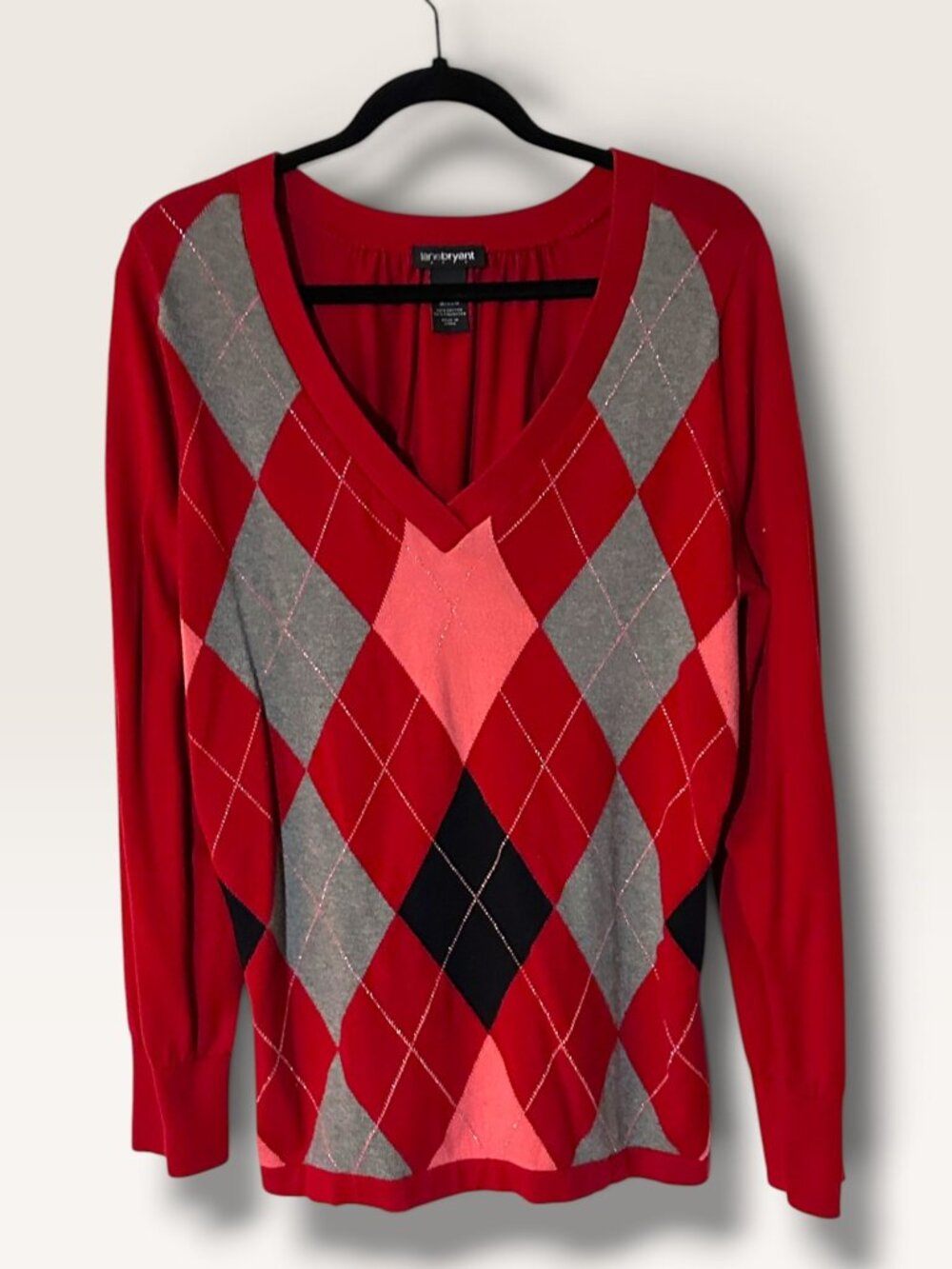 Vintage Lane Bryant Red Argyle V-Neck Sweater 18/20W Long Sleeve Cotton Blend